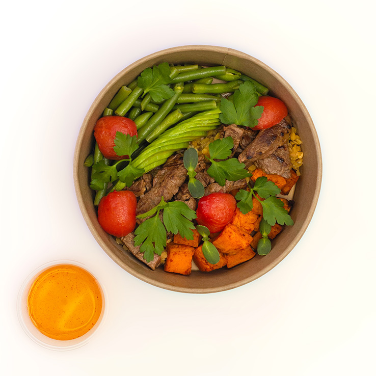 Боул с говядиной Tenderloin, бататом и красной чечевицей